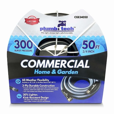 Plumb Tech 3/4 in ID x 50 ft L Water Hose, Nitrile Tube, Black CGE34050